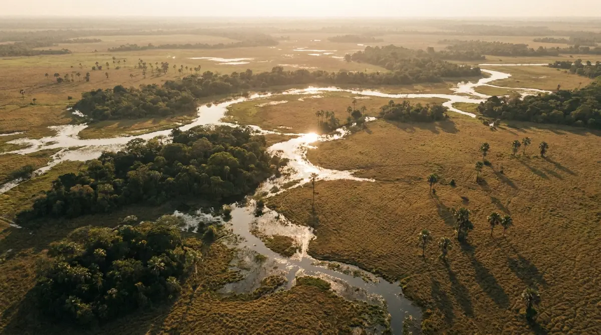 Vista aérea do Pantanal ao entardecer: canais de água, mata e campo dourado