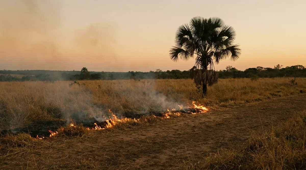 Queima prescrita: linha baixa de fogo controlado com aceiro de terra, ao entardecer, com palmeira de carandá